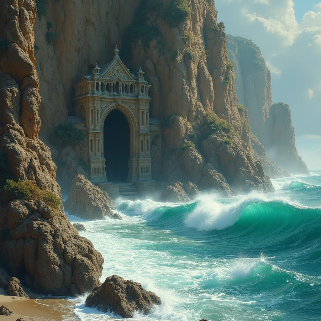 Cliffside Monastery Overlooking Turquoise Ocean, Fantasy Art