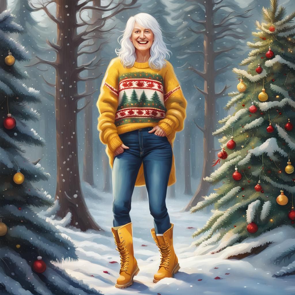 Woman in Christmas Sweater Walking in Forest