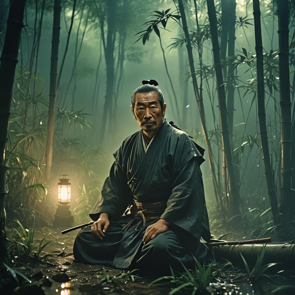 Battle worn samurai relaxing late at night