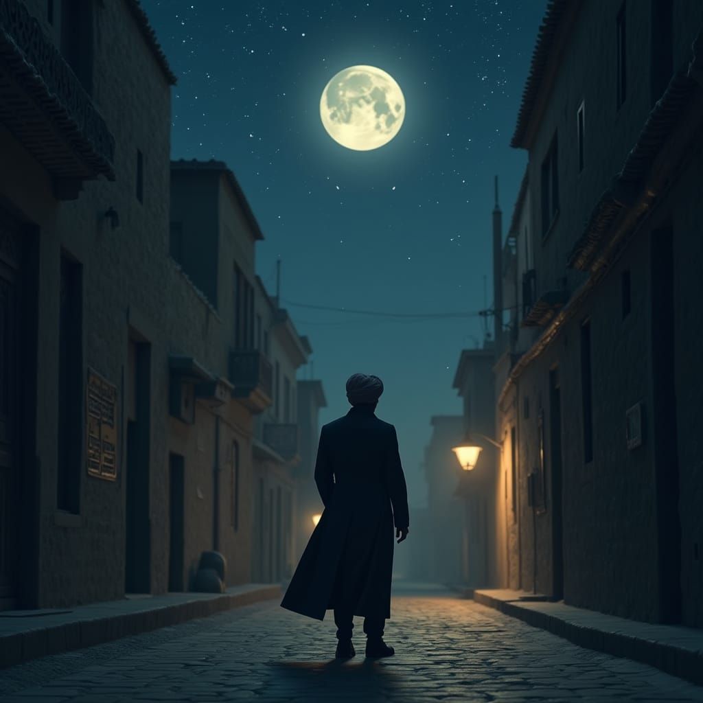 Lonely Man Gazing at Stars in Middle Eastern City