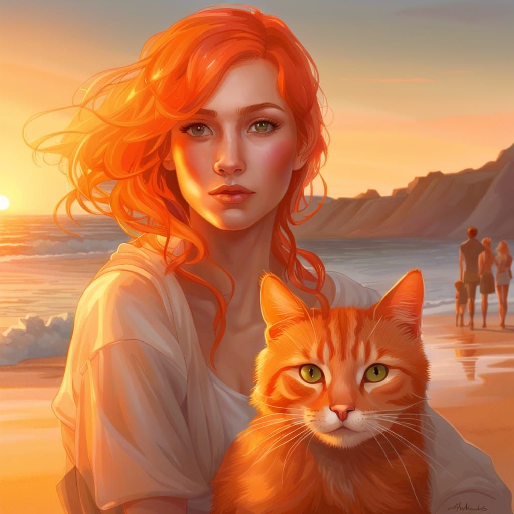 Girl with Orange Hair and Cat on Beach