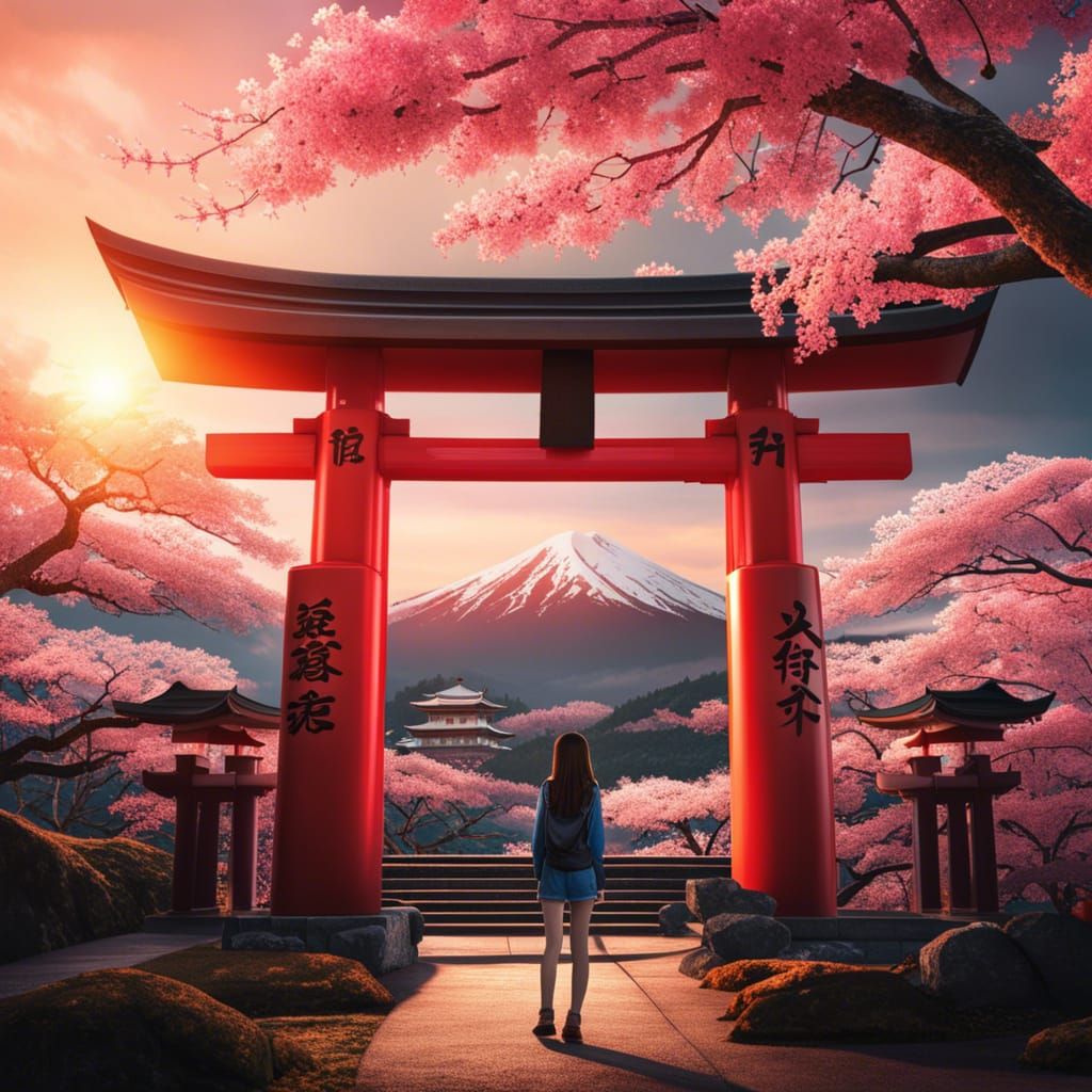 Sakura Landscape with Torii Gates at Sunset
