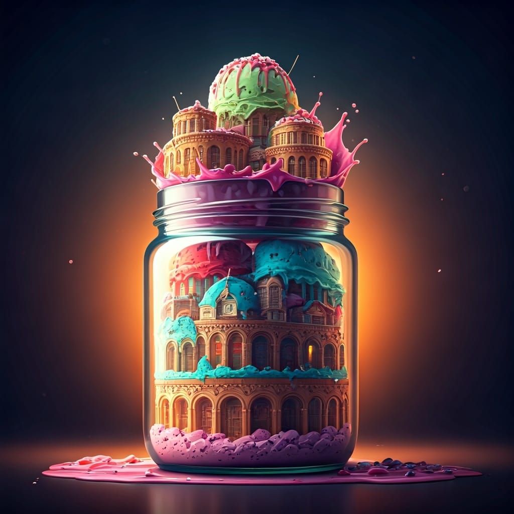Ice Cream Town in Jar: Hyperrealistic Concept Art