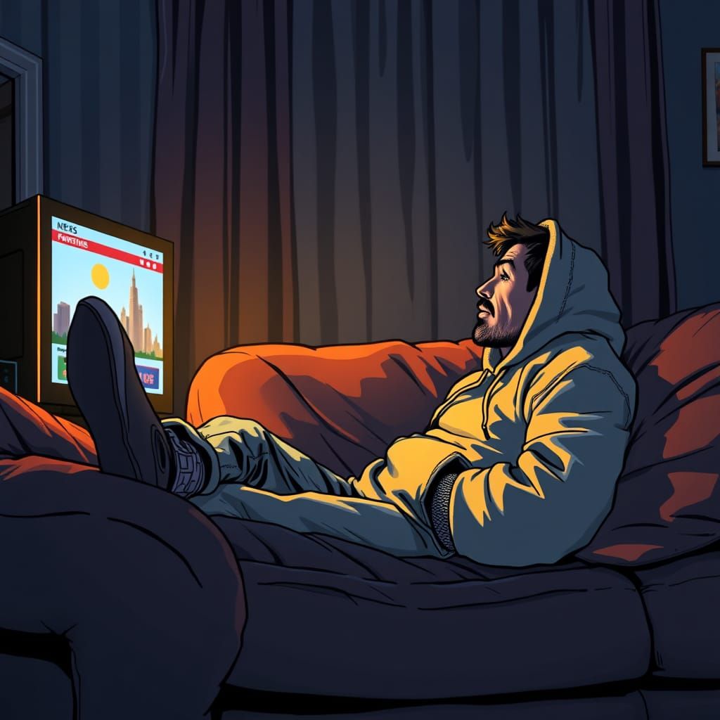 Man Watching TV in Comic Book Style