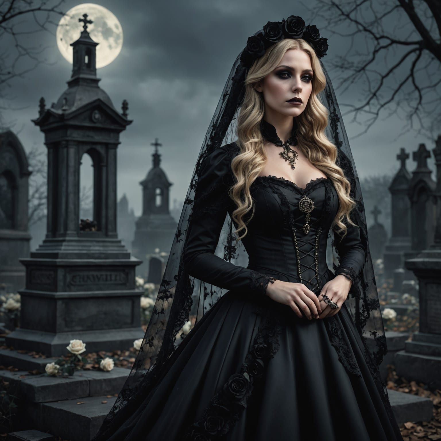 Grieving Steampunk Widow in Graveyard by Moonlight