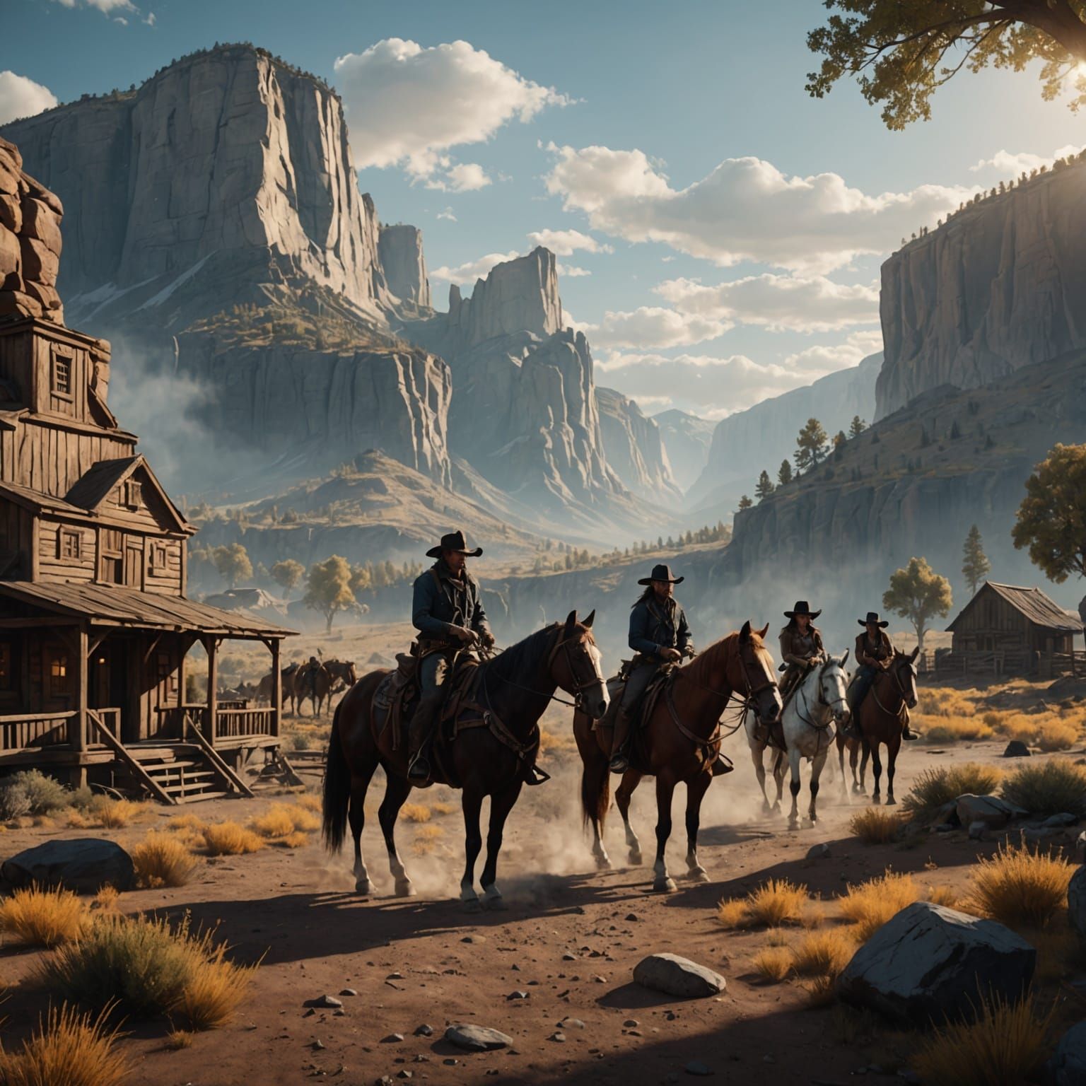 Detailed Western Scene with Horses in Matte Painting