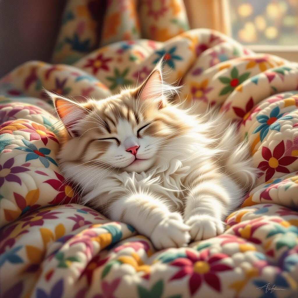 Fluffy White Cat Sleeping Peacefully on Cozy Quilt