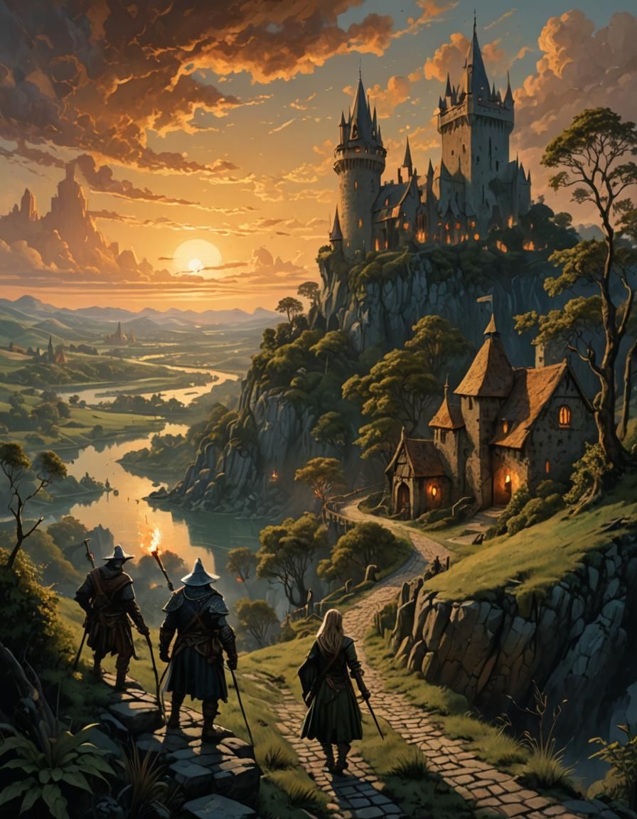Medieval Fantasy Landscape with Elven Girl and Tower