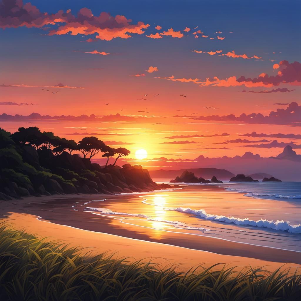 Anime-Inspired Beach Sunset Landscape
