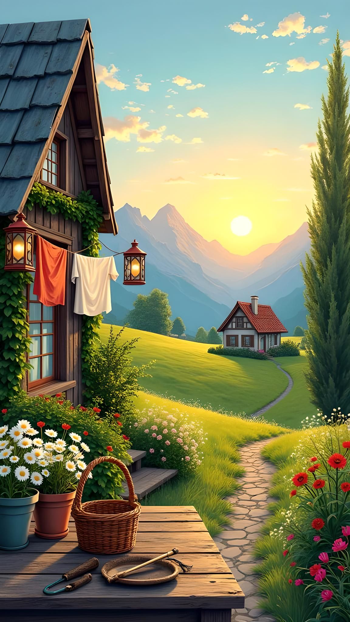 Serene Sunset Over Lush Countryside Illustration