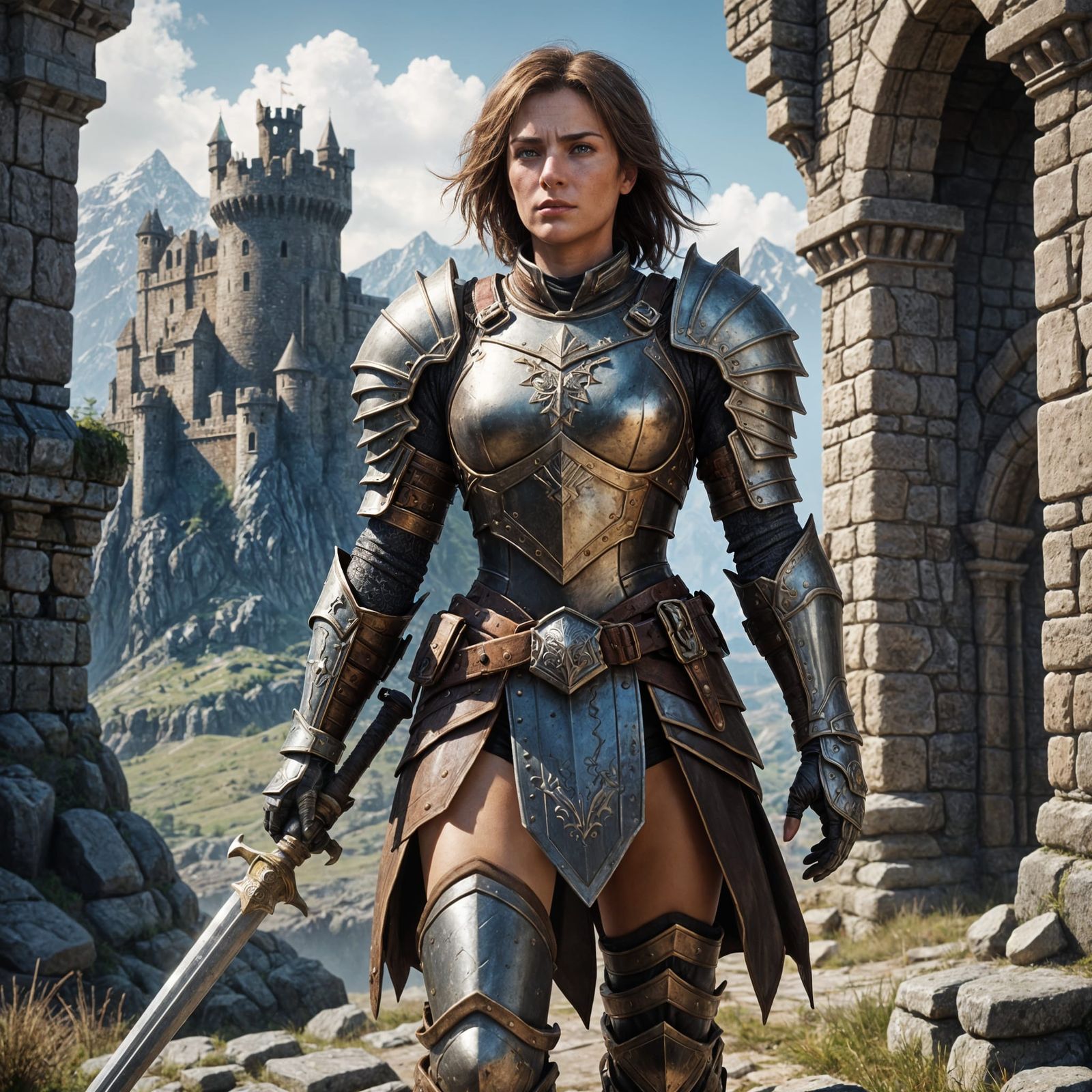 Regal Female Knight in Majestic Armor Surveys the Realm