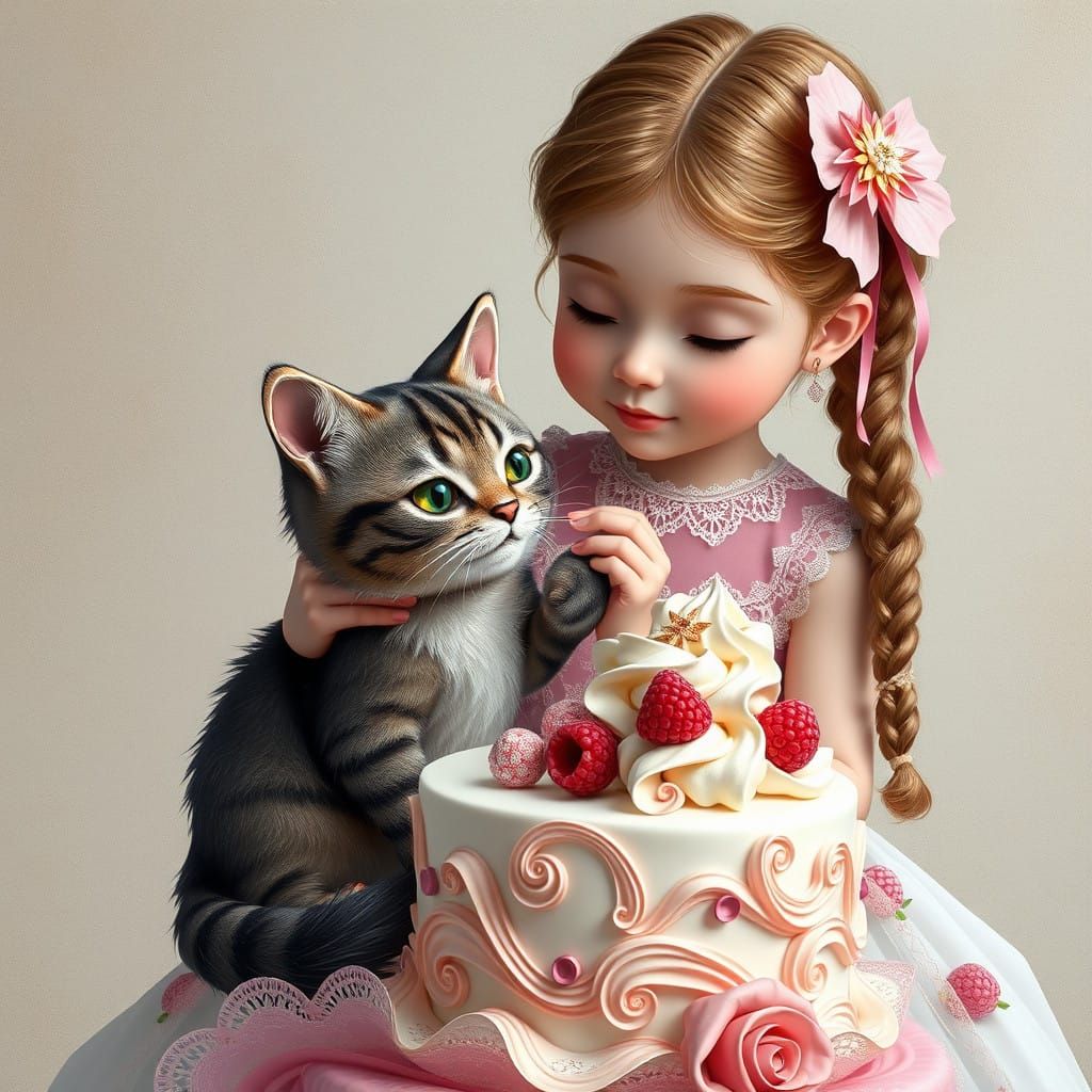 Whimsical Young Girl Decorates Cat as Colorful Cake with Int...