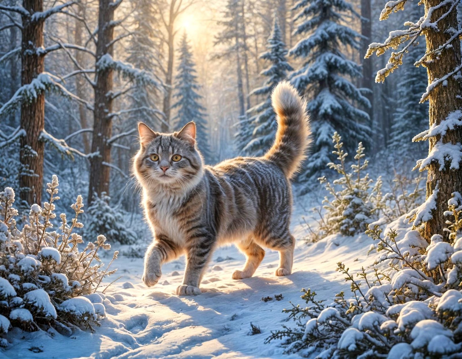 Winter Whimsy Cat in Golden Hour Forest