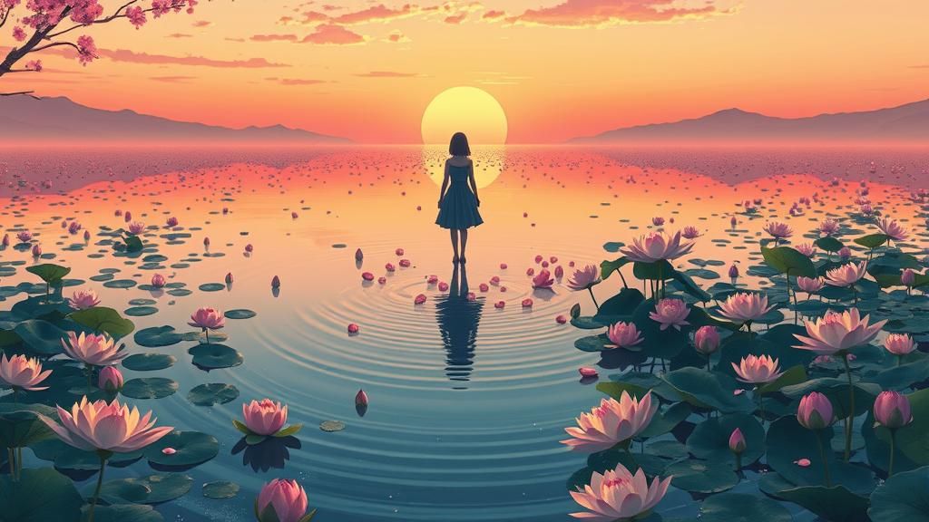 Sunset Lake: Releasing Cherry Blossoms in Digital Art Style