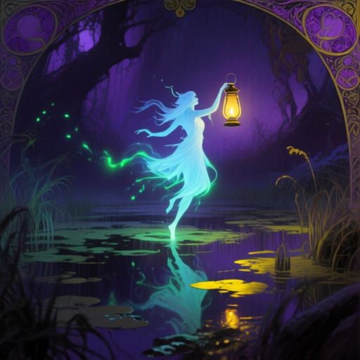 Ethereal Will-o'-Wisp Dance in Dark Fantasy Scene