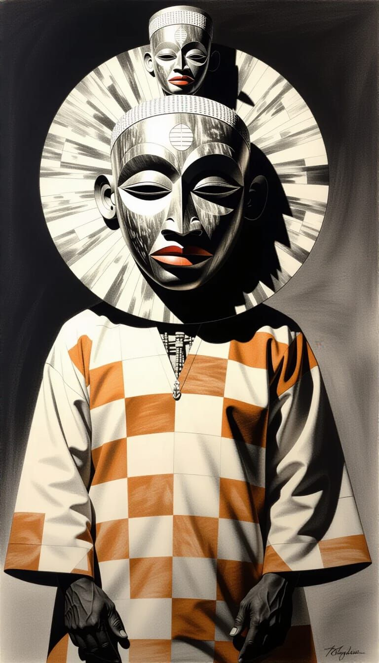 Charcoal Drawing of Traditional Figure with Ornate Wooden Ma...