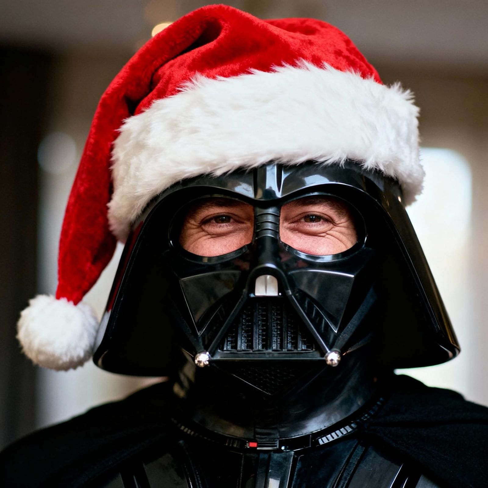 Darth Vader in Santa Hat, Subtle Smile, Studio Portrait