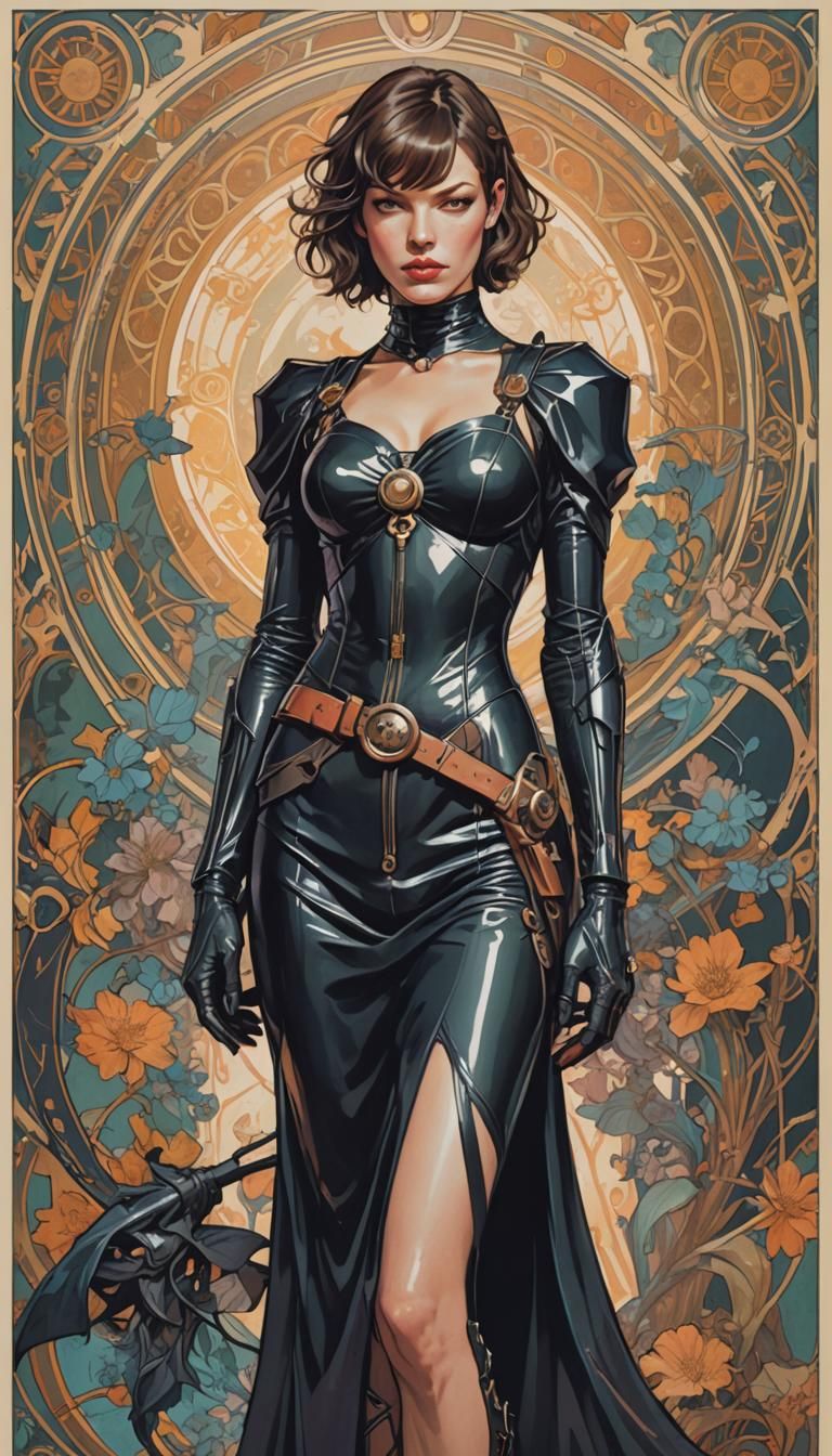 Cyberpunk Witch in Alphonse Mucha Art Nouveau Style