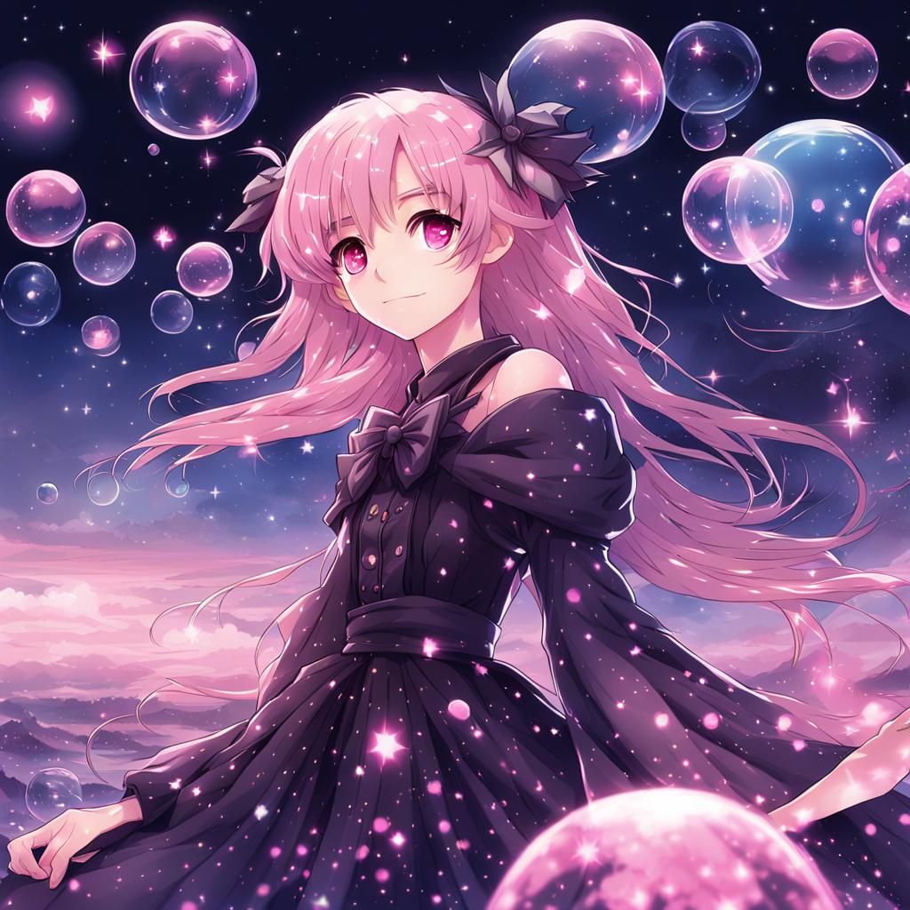 Dark Fairy with Bubbles and Pink Stars in Anime Style