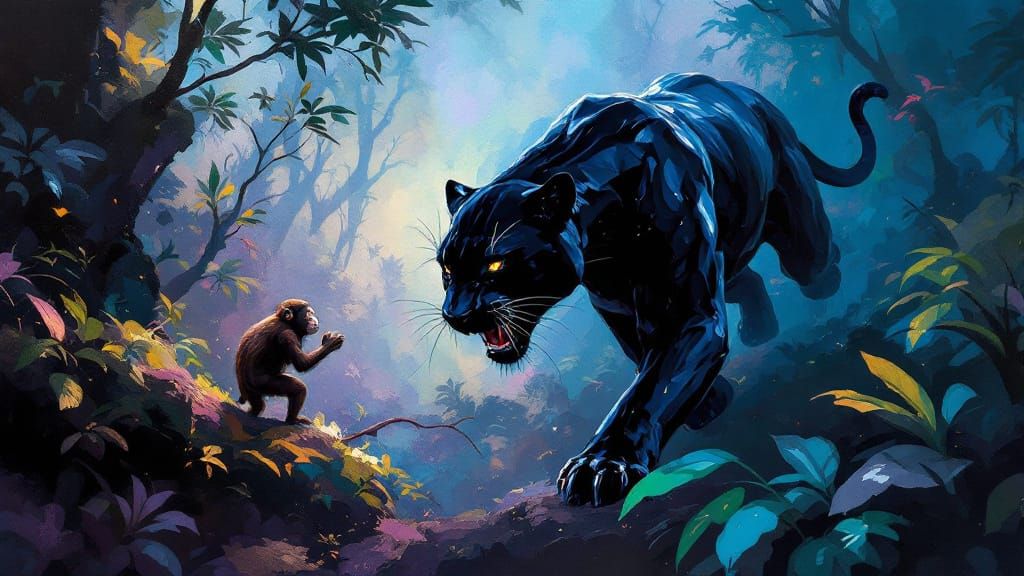 Panther Chasing Monkey: Abstract Oil Painting