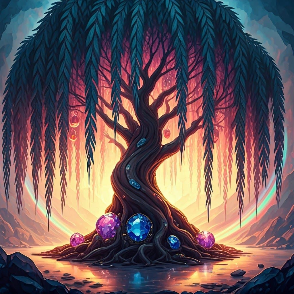 Sapphire Willow Tree in Vibrant Watercolor Splendor