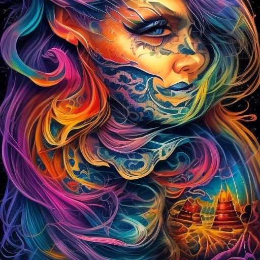 Vibrant Tattoo Art: Woman in Ink Illustration Style