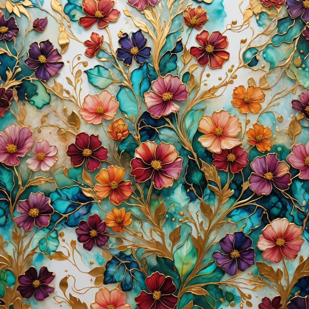 Alcohol Ink Flowers with Gold Outlines: Expressionist Painti...