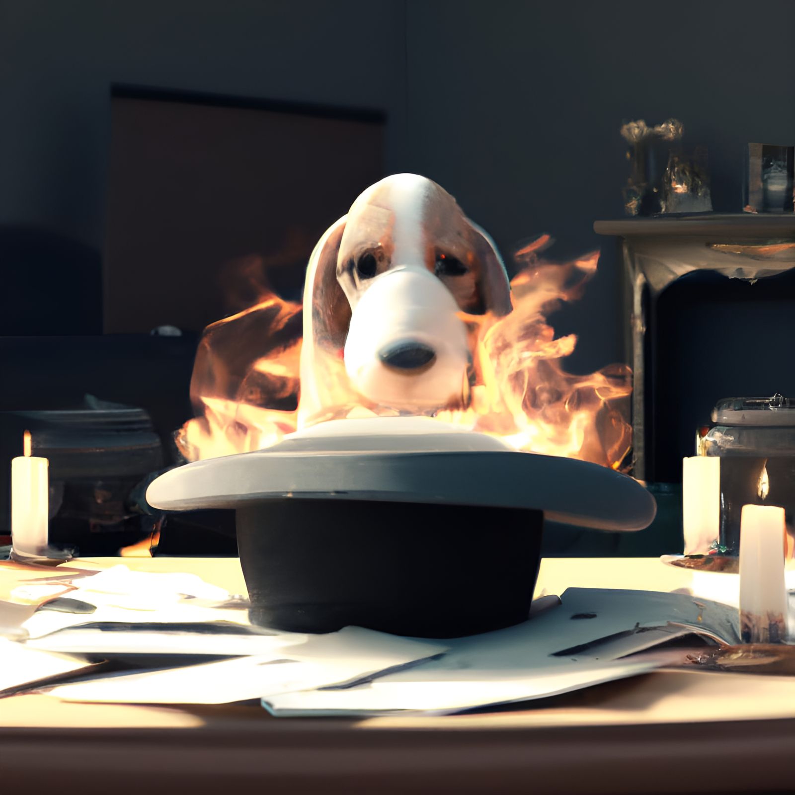 Beagle in Bowler Hat Surrounded by Fire, 3D Render
