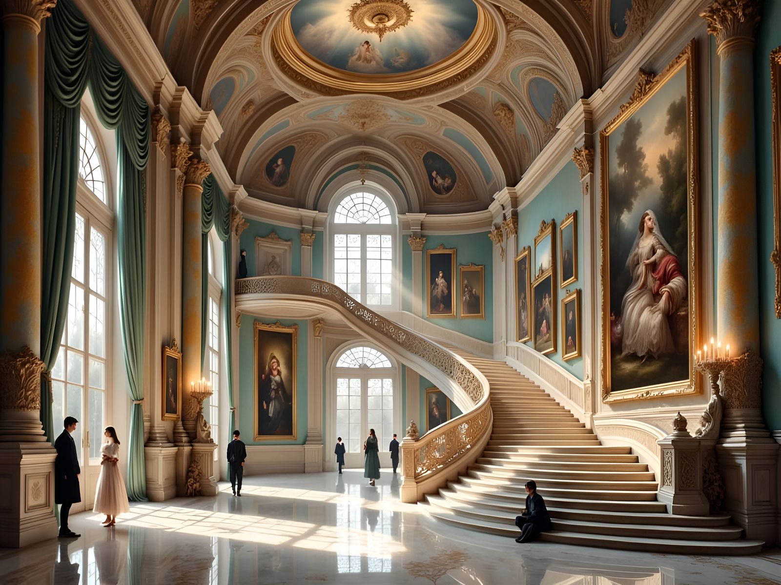 Grand Castle Hall with Ornate Staircase and Paintings