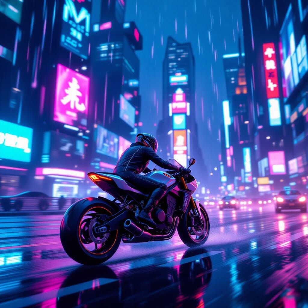 Motorcyclist in Neon Cityscape: Cyberpunk Style