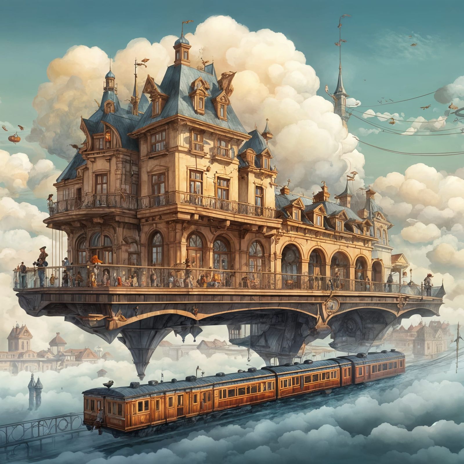 Floating French Train Station in Gouache Style