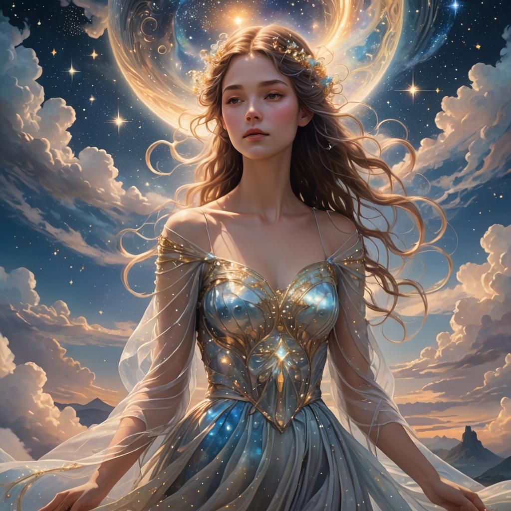Ethereal Girl in Cloud Dress Above Floating Islands