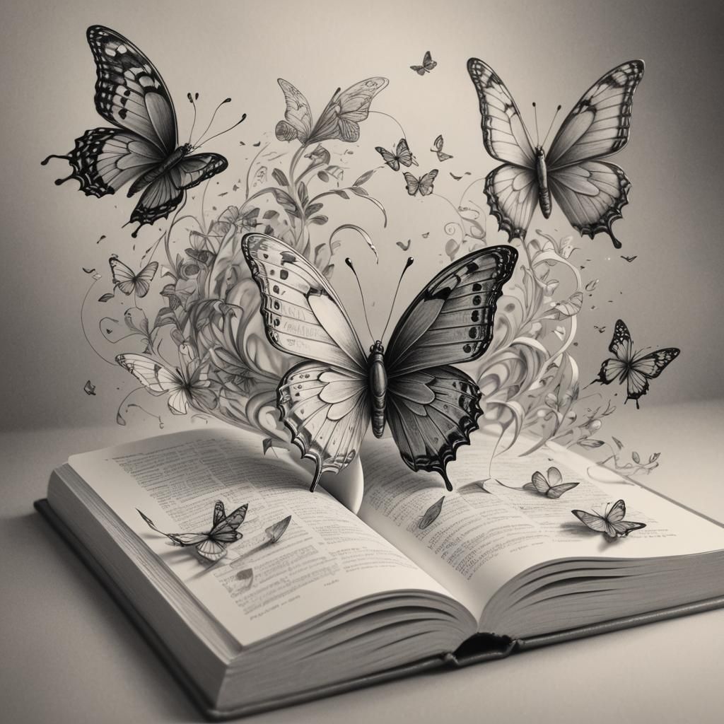 Love Book with Butterfly in Pencil Drawing Style