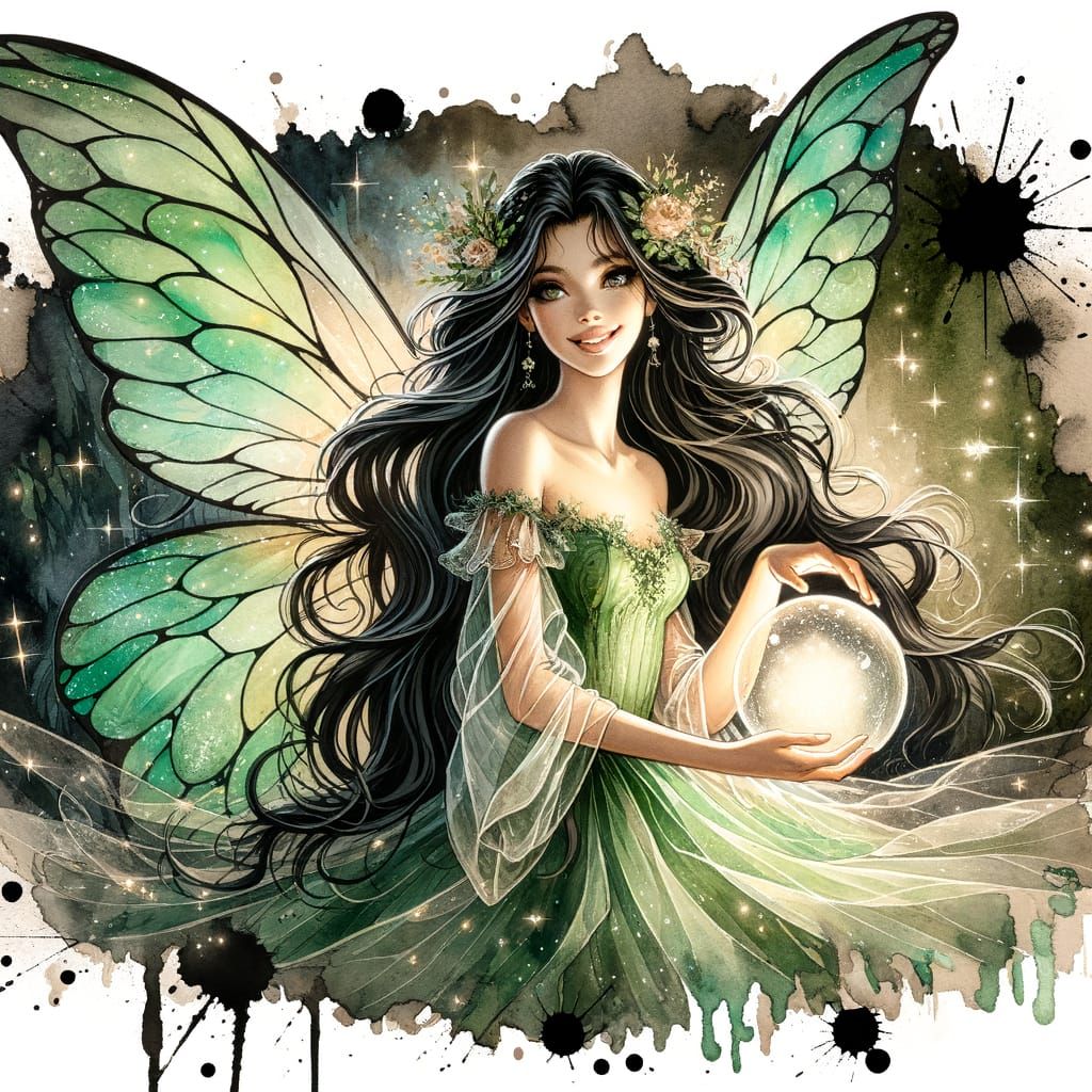Graceful Faerie with Glowing Orb, Watercolor Style