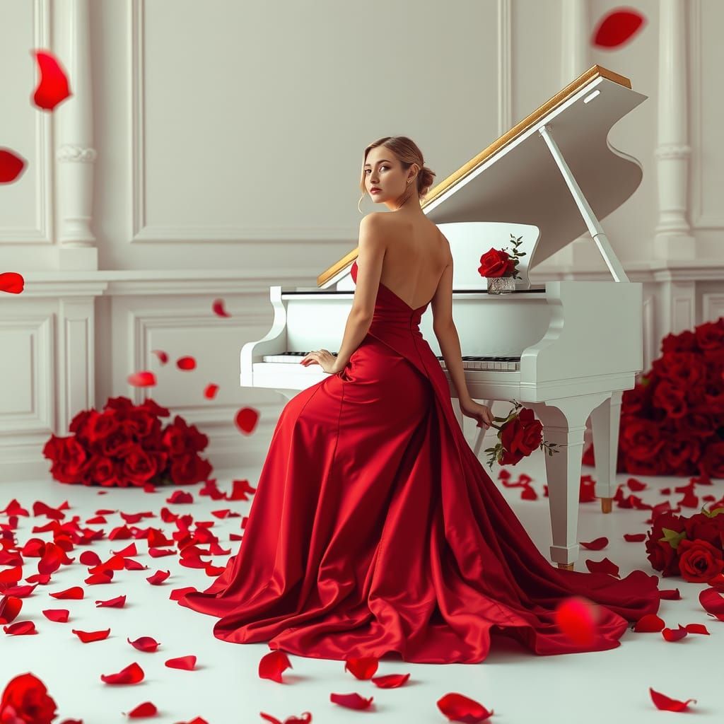 Blonde Beauty Plays Grand Piano in Elegant Red Gown