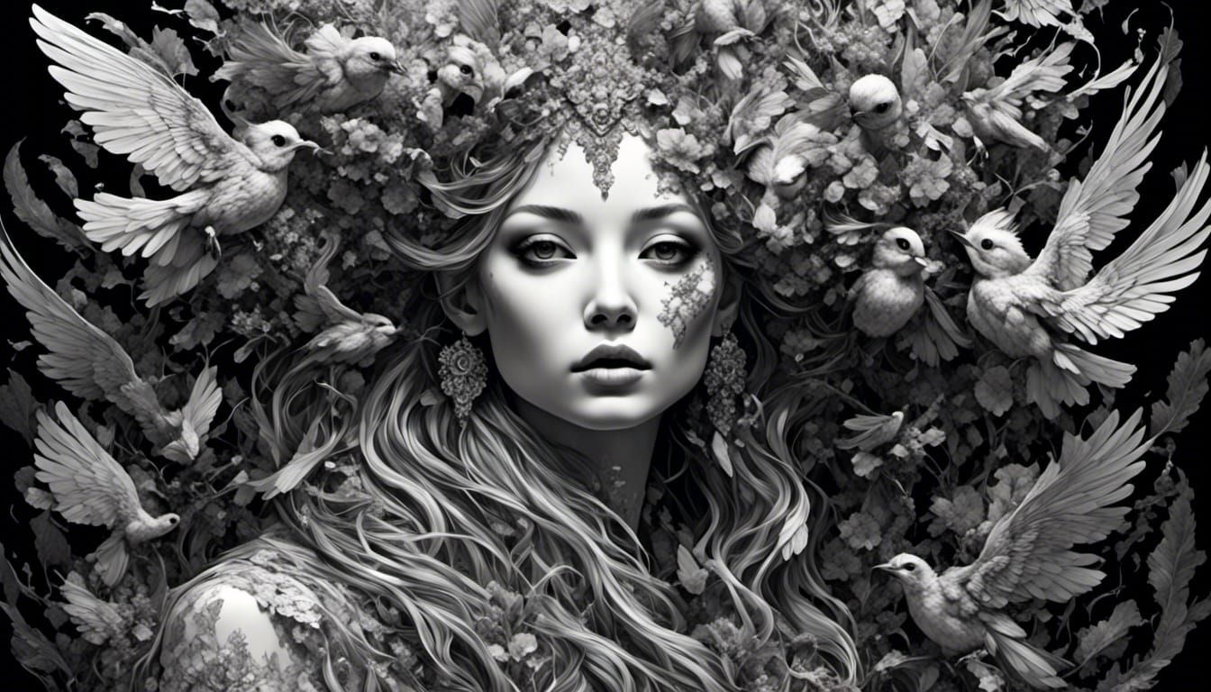 Exotic Bird Woman Coloring Book Line Art