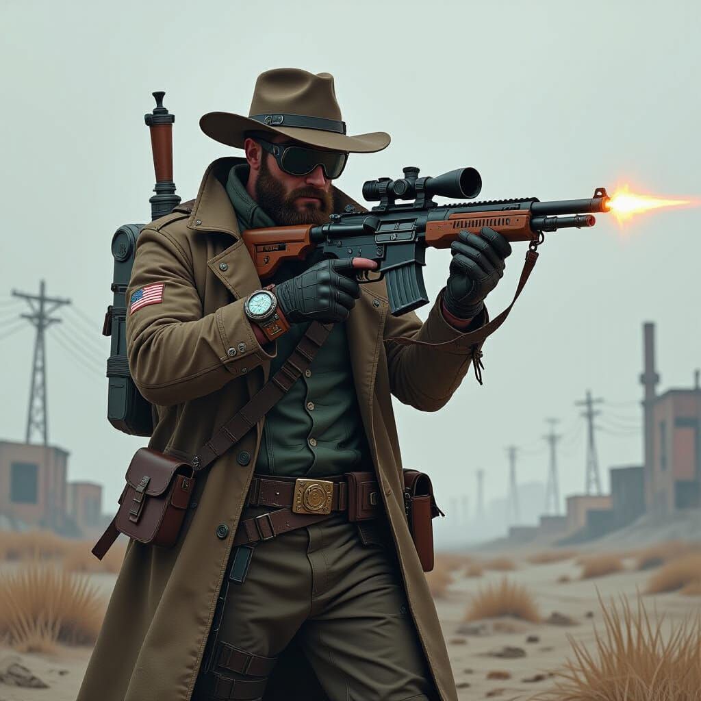 Wasteland Ranger with Laser Musket in Dystopian Sci-Fi Style