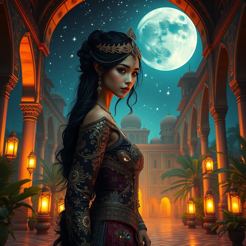 Mysterious Princess in Arabian Nights Palace at Night