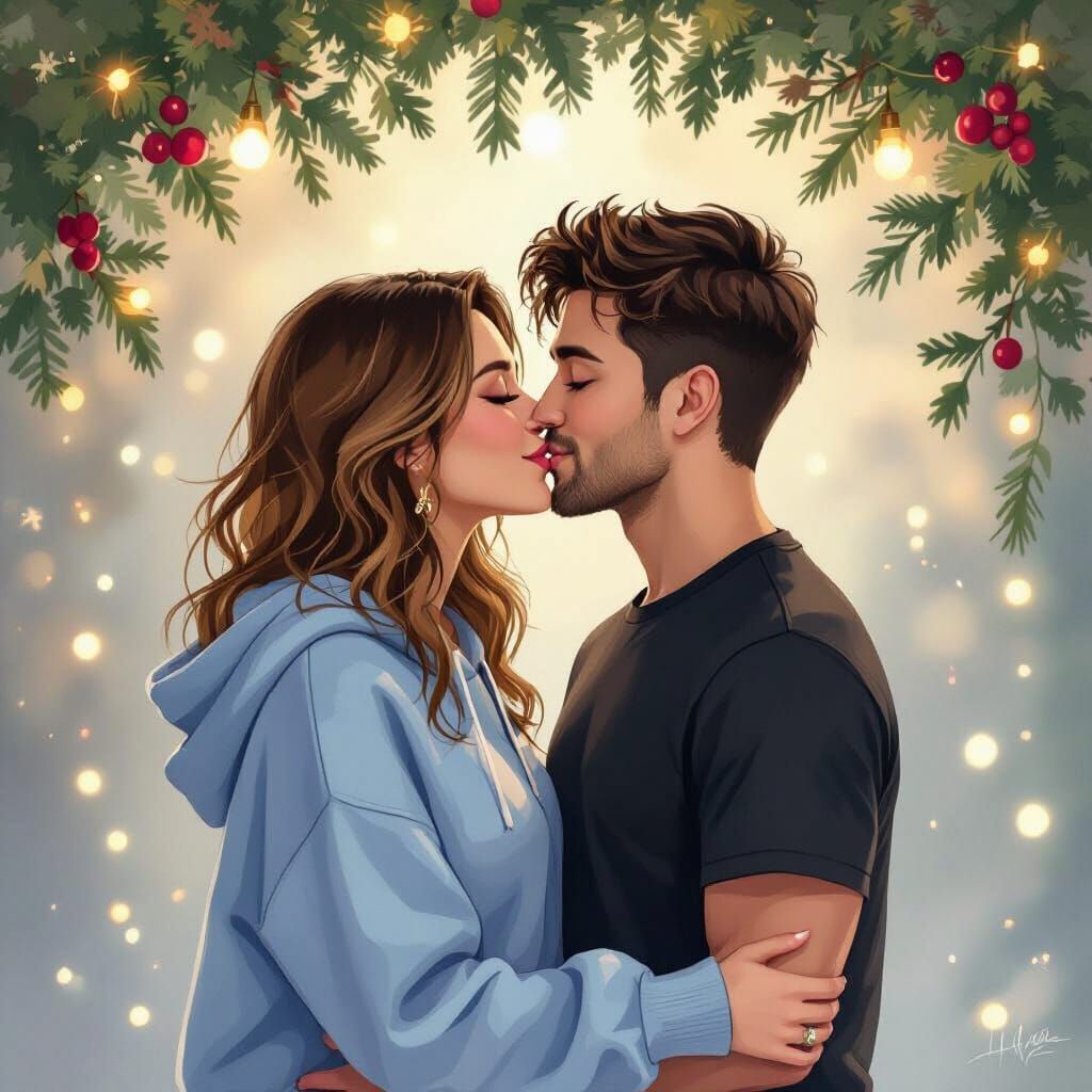 Romantic Couple Kissing Under Mistletoe in Warm Light