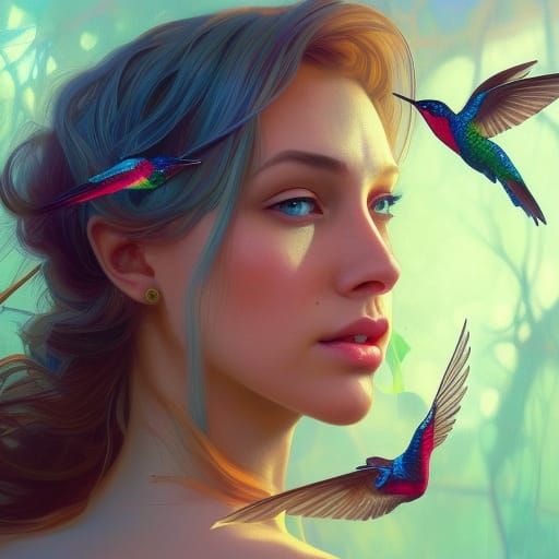 Woman Surrounded by Hummingbirds, Hyperdetailed Portrait