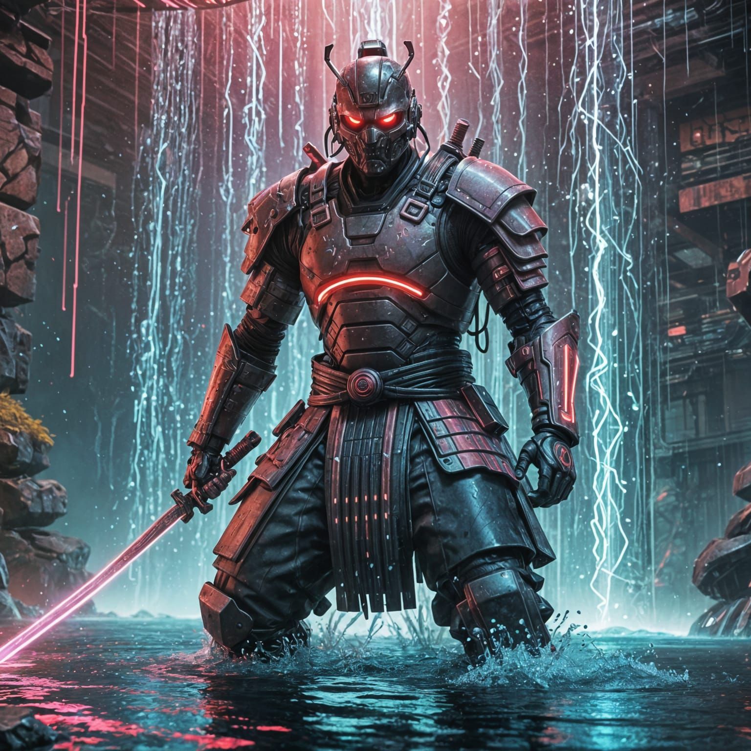 Cyborg Samurai Cutting Waterfall in Neon Dojo - Splash Art