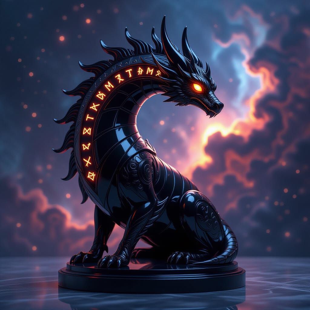 Obsidian Dragon Sculpture with Glowing Runes in Cosmic Style