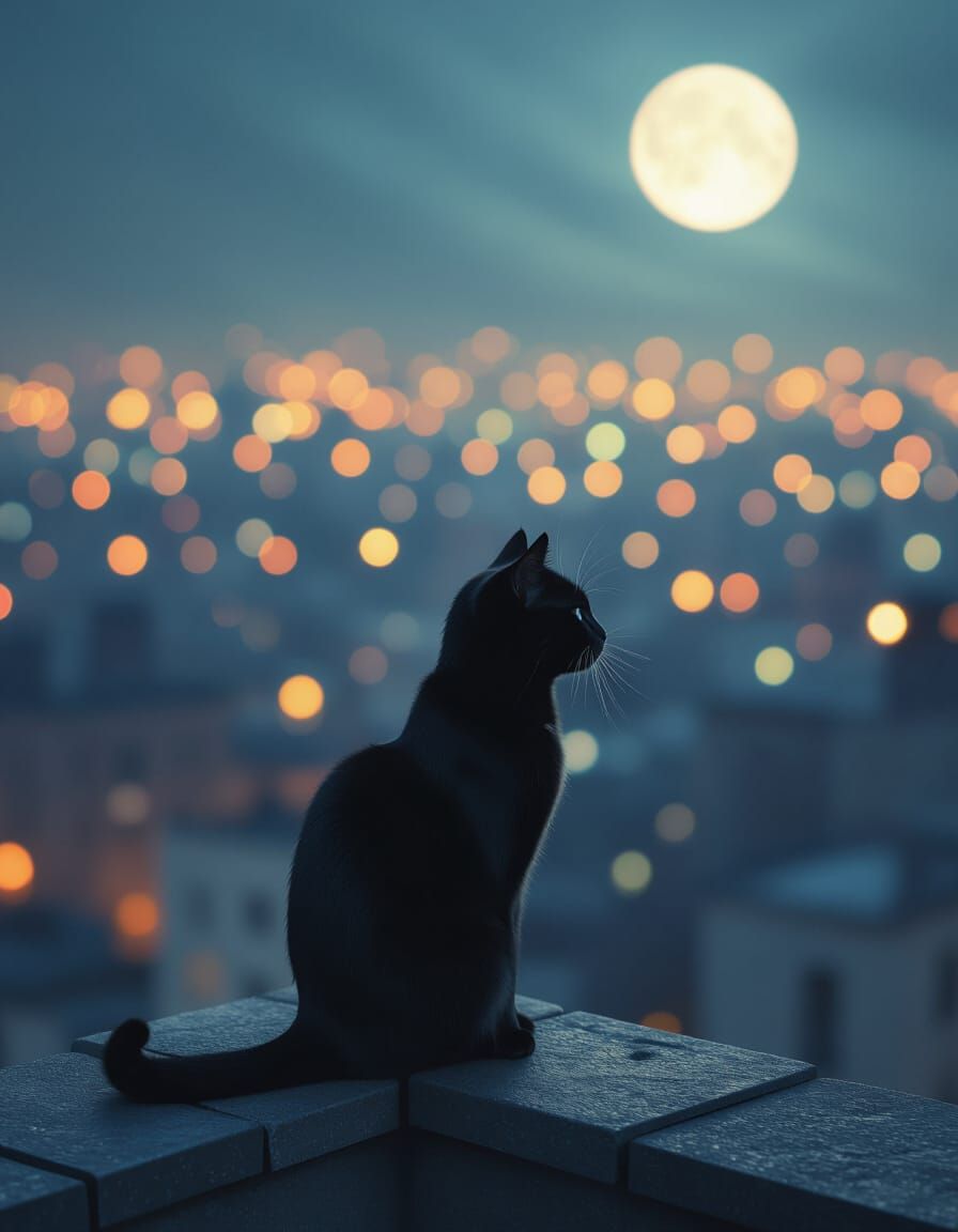 Black Cat on Moonlit Rooftop in Magical Realism Style