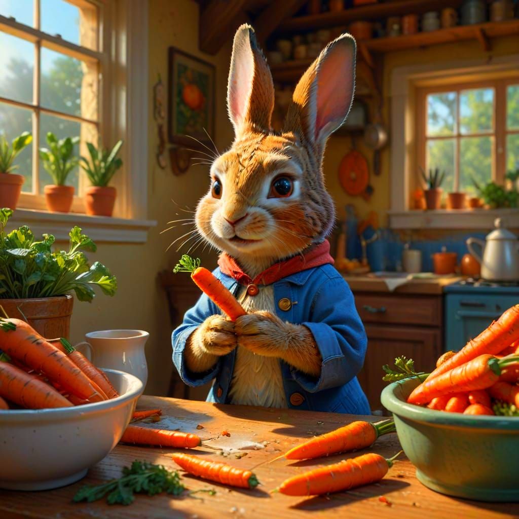 Peter Rabbit in Whimsical Home, Eats Carrot in Hyperrealisti...