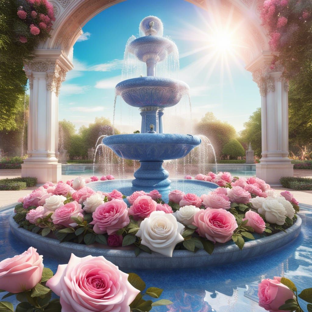 Lush Rose Garden with Glittering Fountain