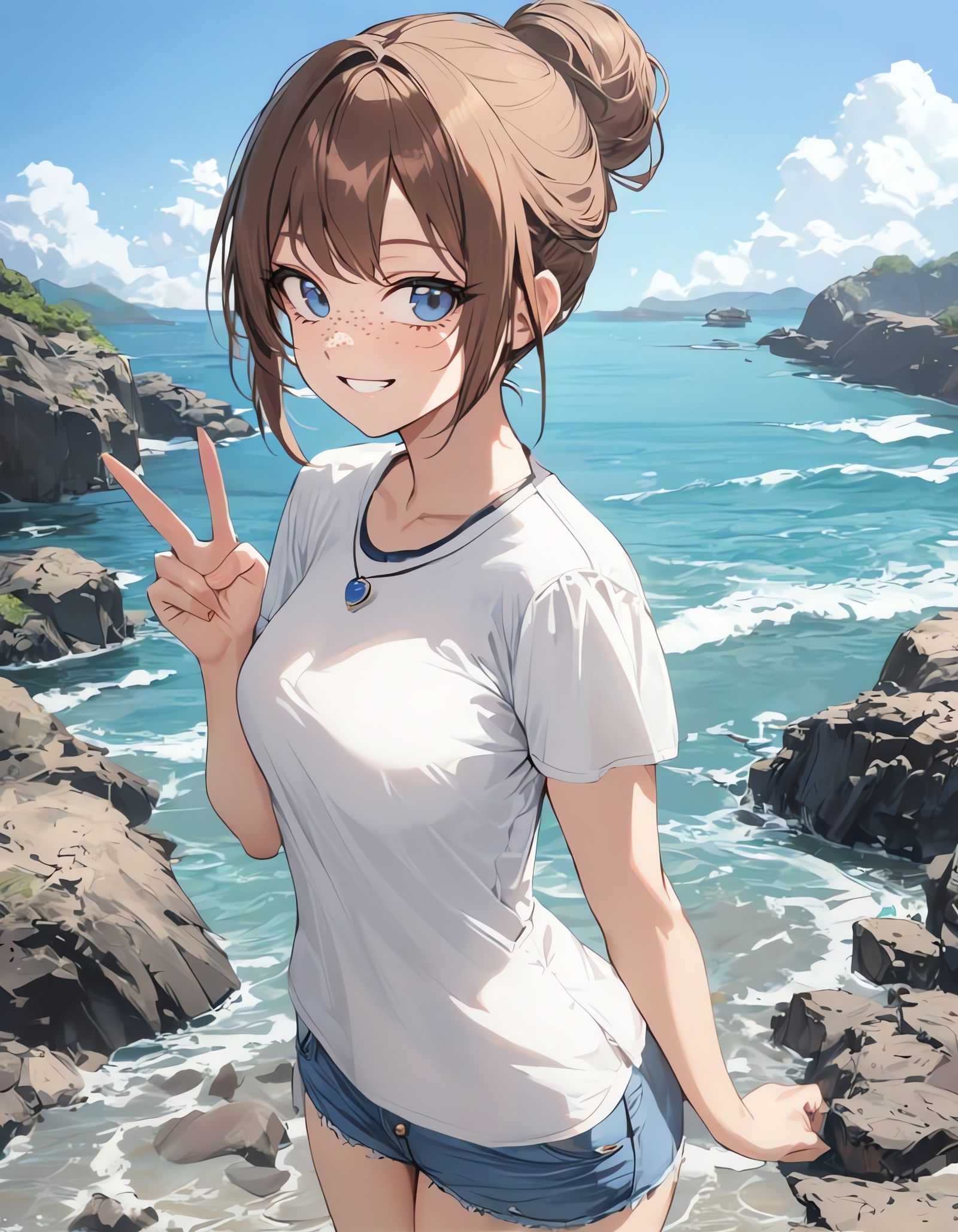 Girl Standing on Beach Rock with Ocean View