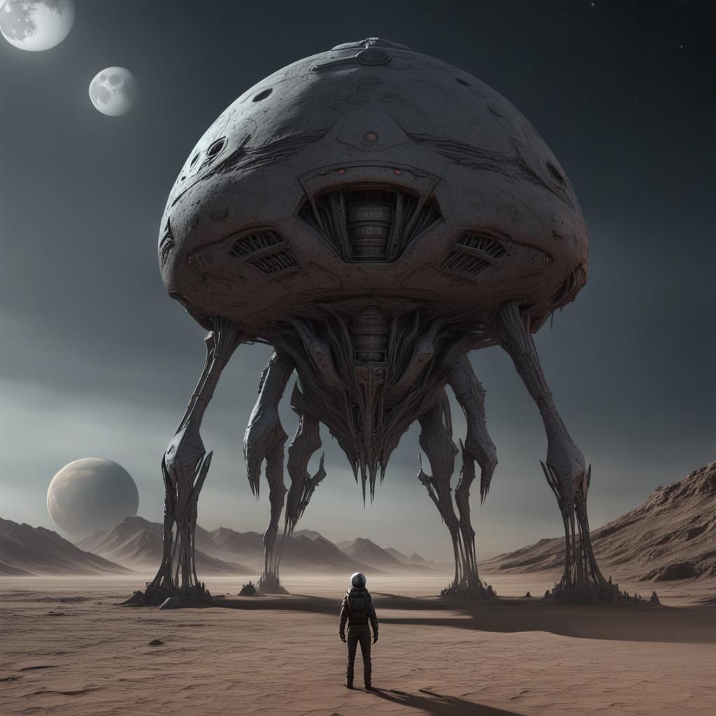 Alien Creature and Spaceship on Moon in Sci-Fi Art