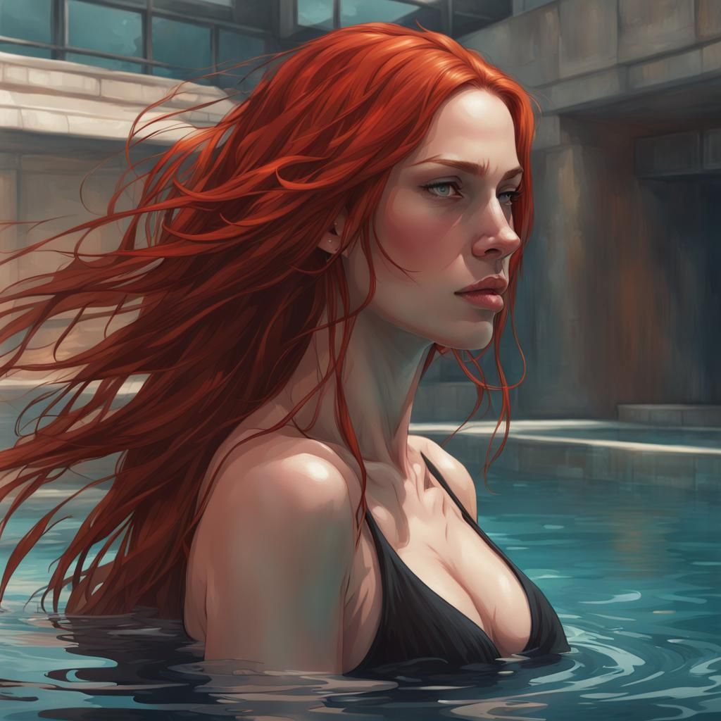Red Haired Woman Emerging from Water: Digital Portrait