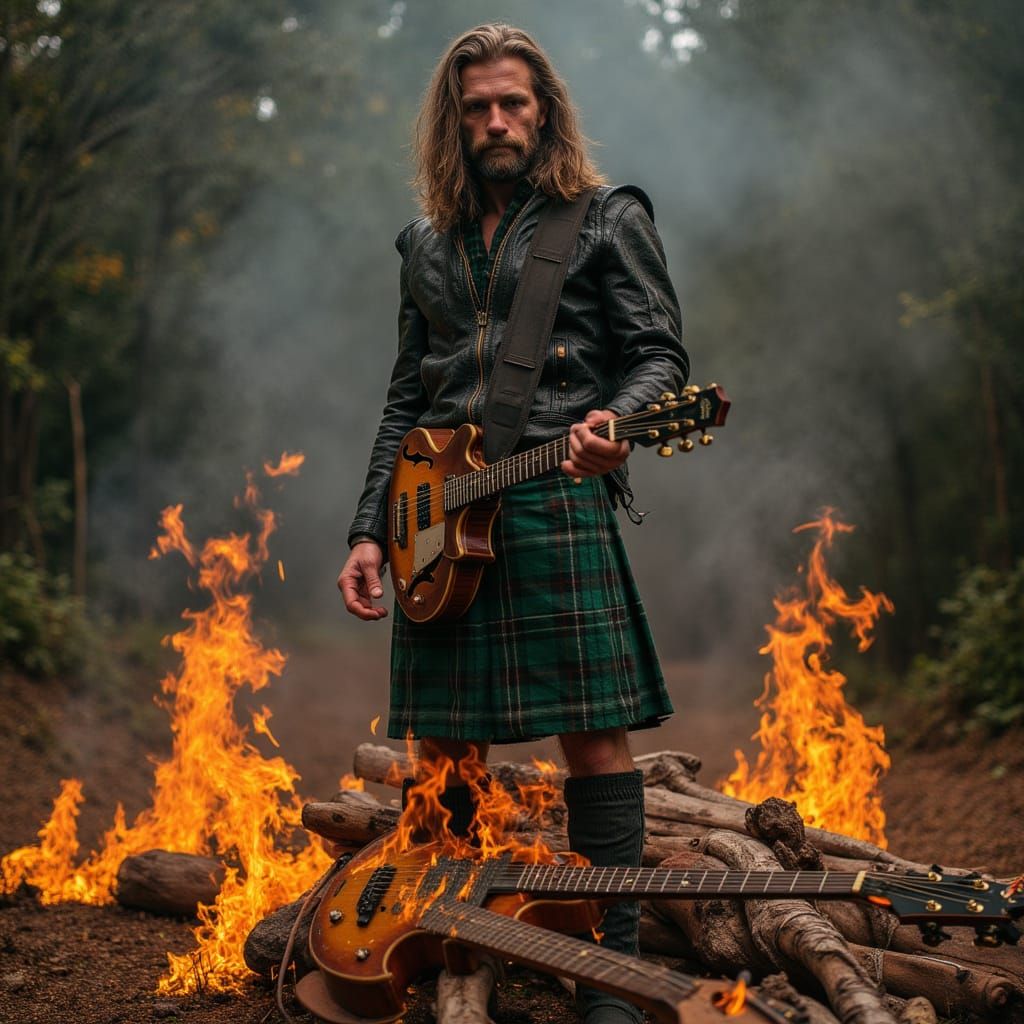 Man in Kilt Stands on Burning Guitars