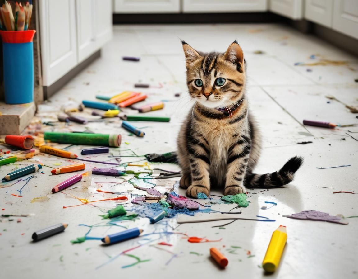 Cat Mischief: Childlike Art of Kitchen Chaos